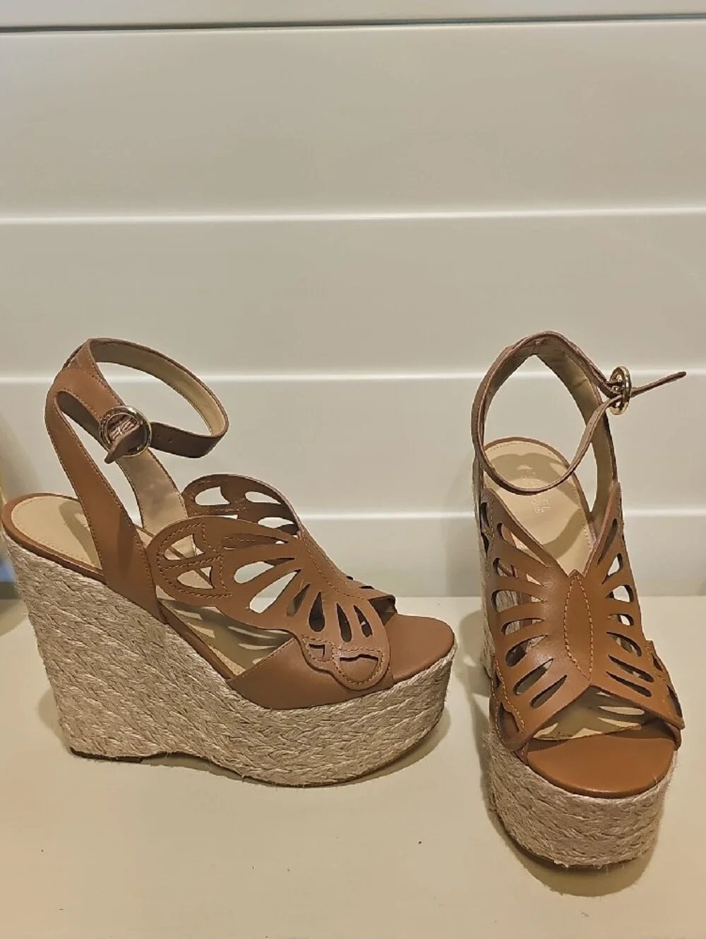 New Michael Kors Tan Cutout Leather Platform Espadrille Sandals